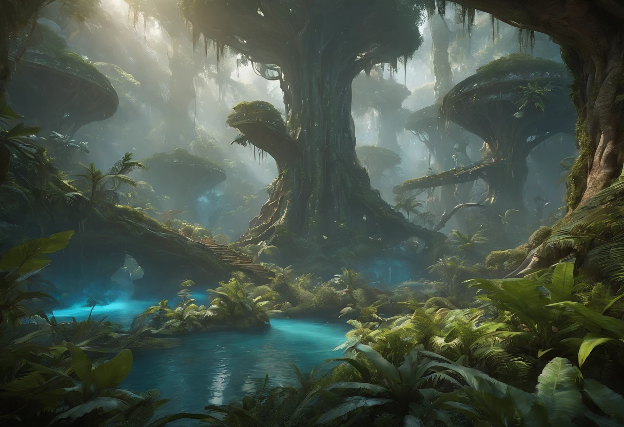 (2 lovely Na'vi kids, Tucker and Keeley, Have fun in the forests of the planet Pandora) (Tucker and Keeley: 1.5), (The tree of the soul of the Na'vi: 1.0)magical concept art, lush alien landscape, glowing blue mushrooms in mire, Inside the alien jungle, rich diverse lush alien world, bioluminescent cyber - garden, alien forest in background, avatar landscape, Alien Paradise, concept art magical highlight, concept art stunning atmosphere, Strange alien forest