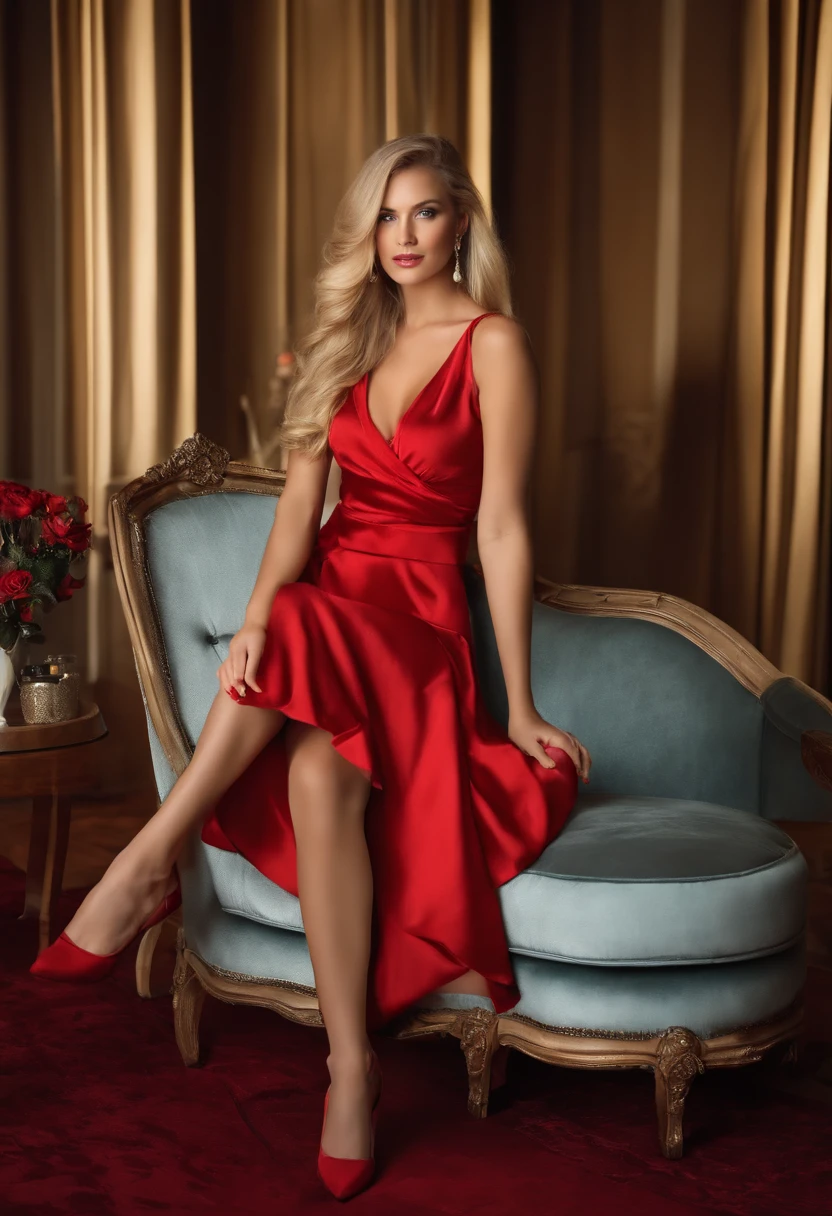 arafed woman in a red dress sitting on a couch, cute woman, on a couch, a gorgeous blonde, sexy girl, blonde goddess, blonde woman, dressed in red velvet, jaw dropping beauty, blonde, beautiful blonde girl, olga buzova, beautiful blonde woman, jaw-dropping beauty, blonde women, gorgeous woman, yelena belova, attractive woman