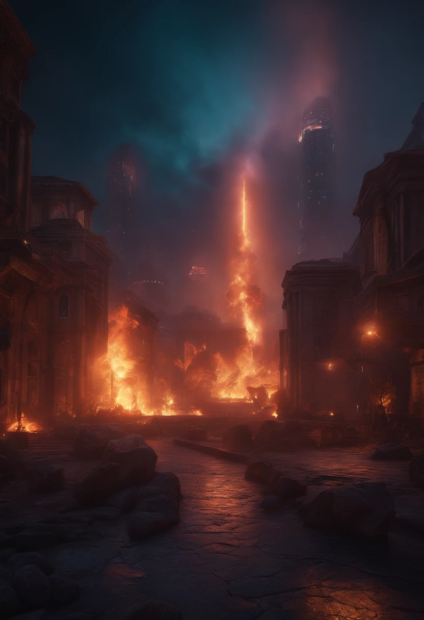 (city burning down like in doom eternal, fire, purple fire, blue fire), (best quality, 4k, highres, masterpiece:1.2), ultra-detailed, realistic:1.37, HDR, studio lighting, extreme detail description, vivid colors, bokeh, concept art, dark color scheme, dramatic lighting