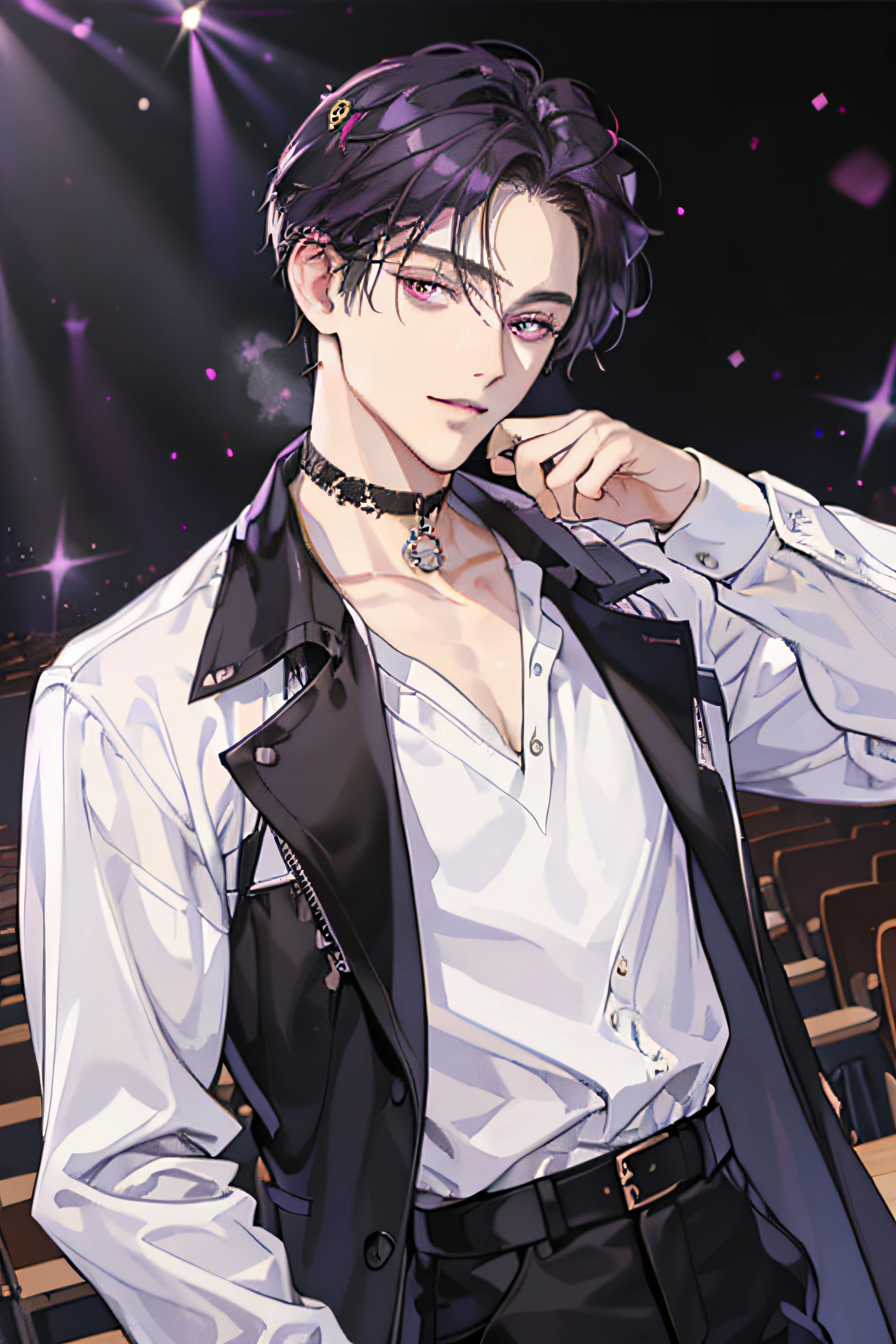 Masterpiece,Exquisite facial details,Exquisite eye details, Best quality, ,1 man, Headsets,singers,cool guy,Medium-long black hair,Dashing,choker necklace,Purple pick dye,comma hair,Purple eye,Forehead comma hair,White shirt,Black leather coat,Holding the guitar,On stage,Shiny,Under the stands,Sing,having fun,full bodyesbian