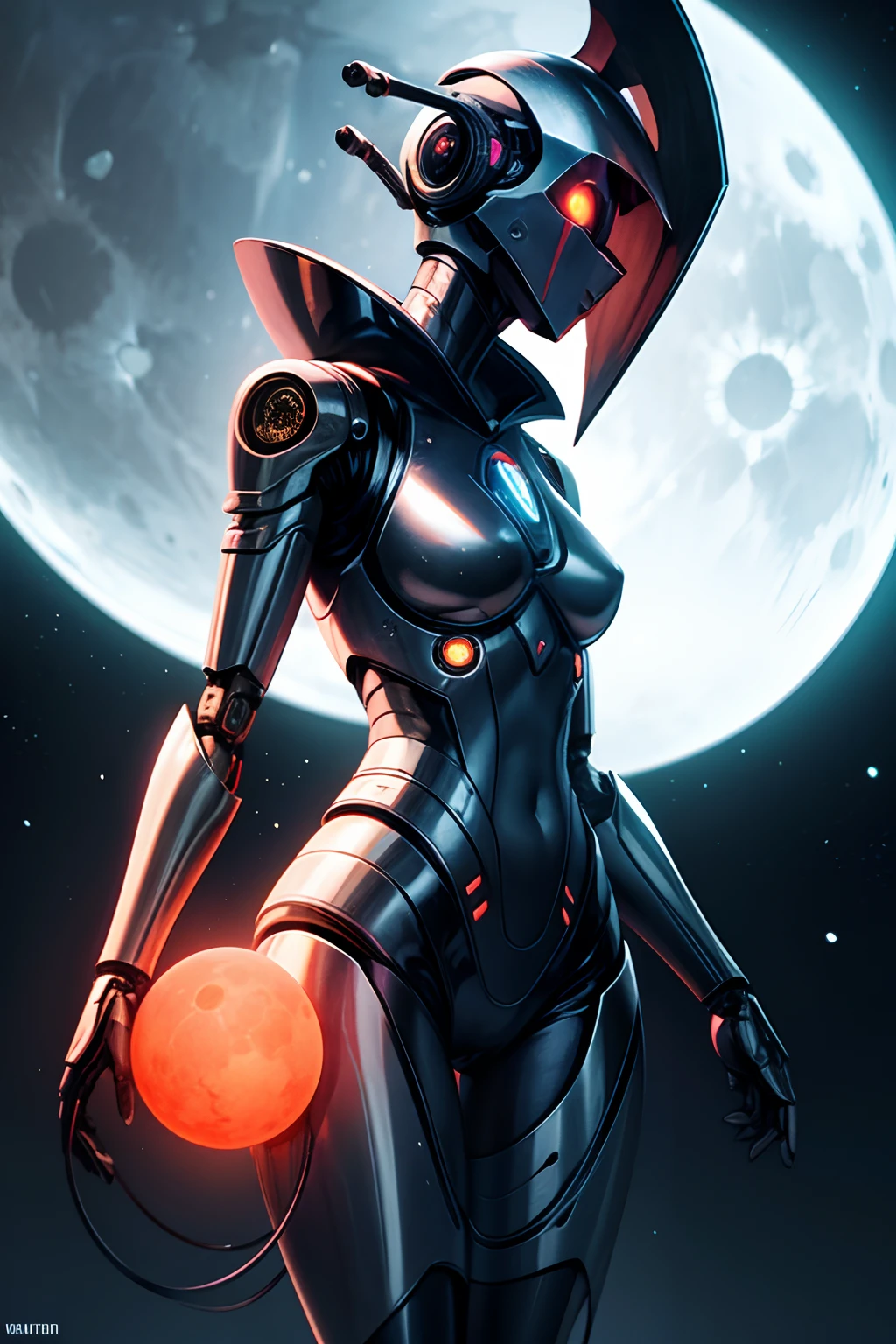 Female robot, human vagina, metal body, metal head, black helmet, orange moon in the sky, night lights, distant planets,
