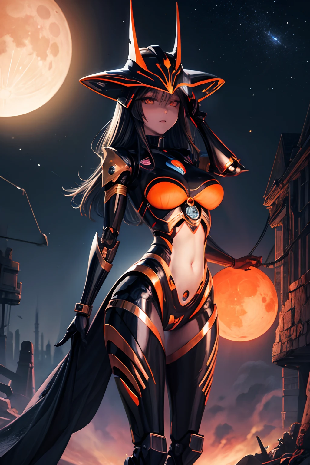 Female robot, human vagina, metal body, metal head, black helmet, orange moon in the sky, night lights, distant planets,