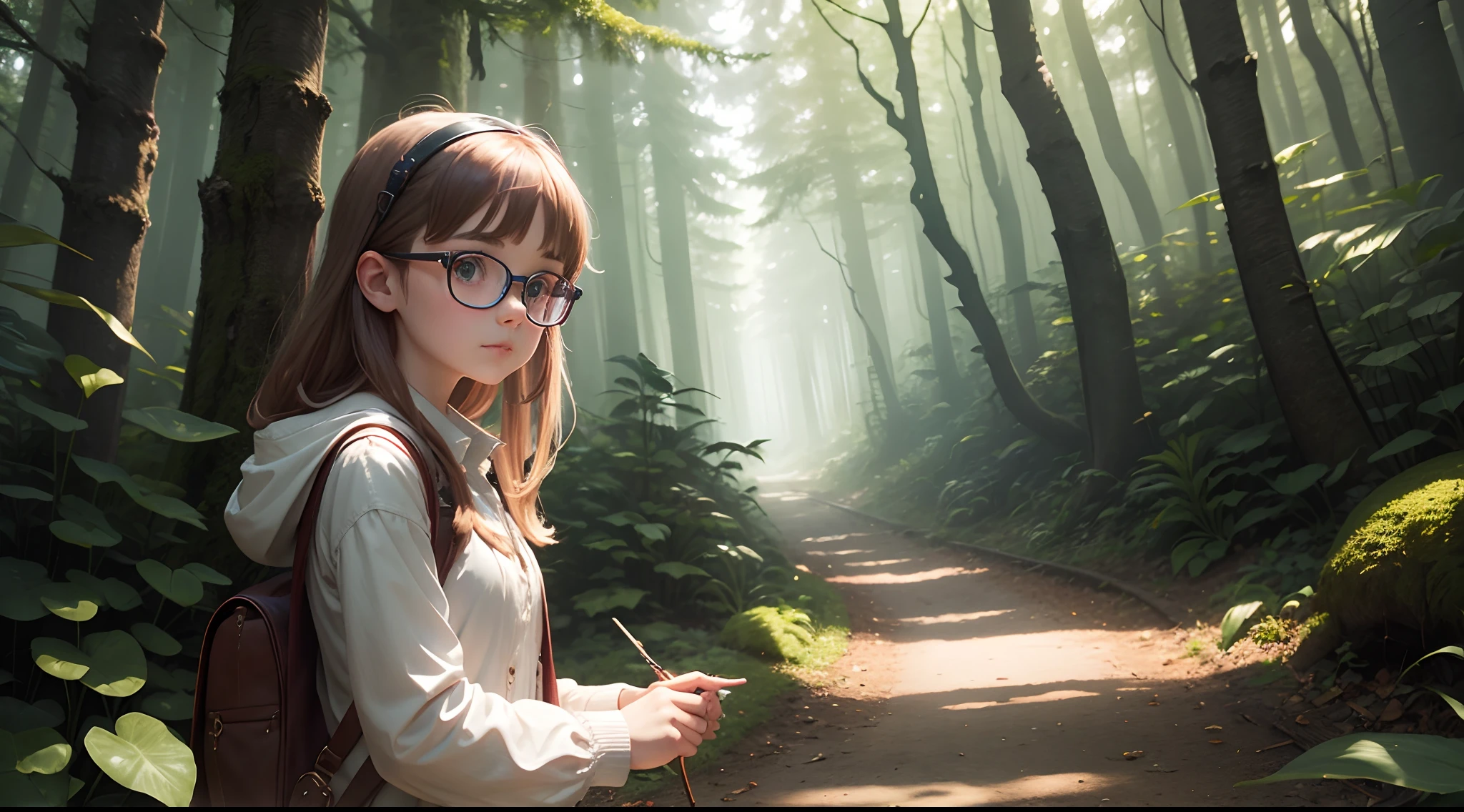 Create an image of Lily wearing her magical glasses and exploring the enchanted forest.