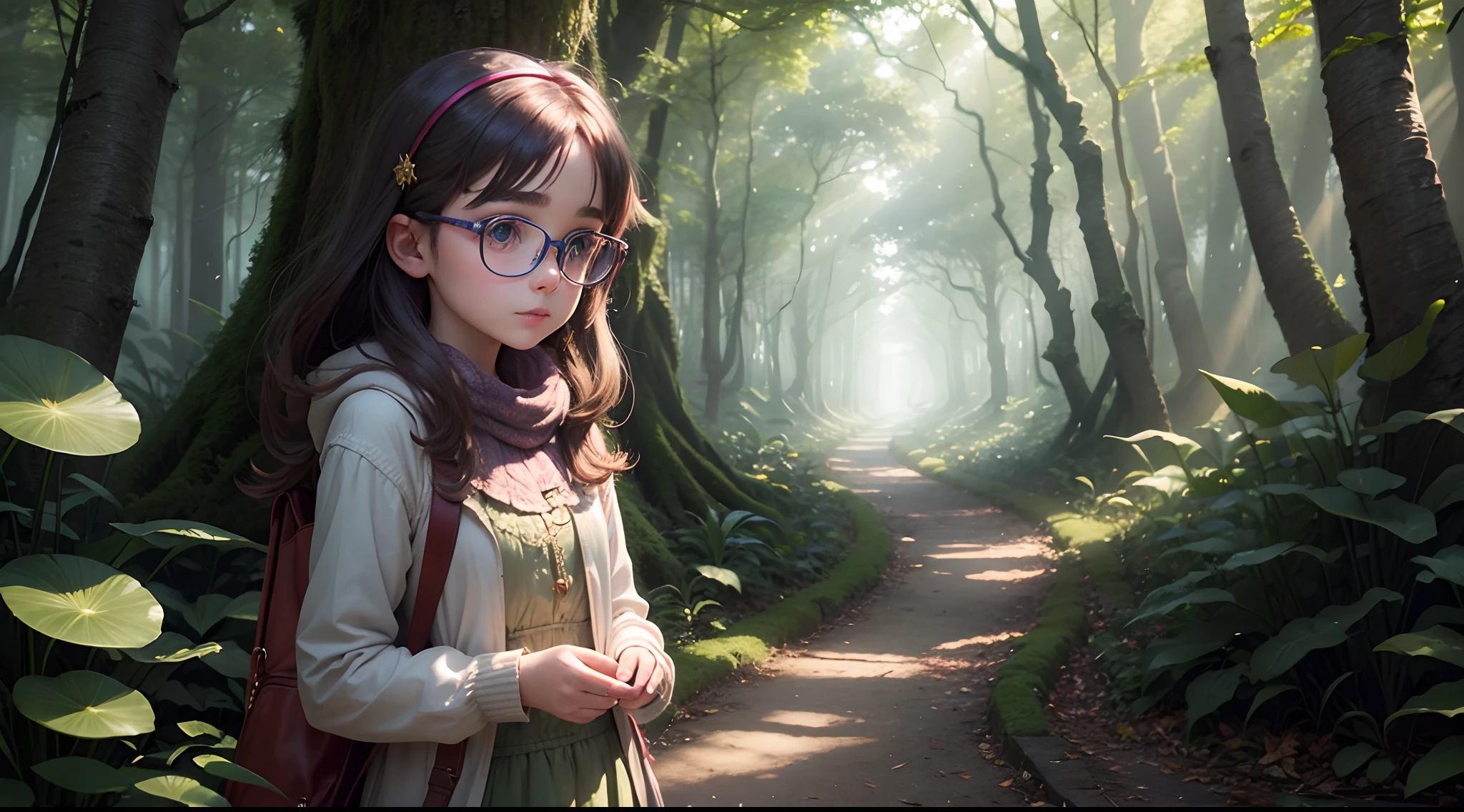 Create an image of Lily wearing her magical glasses and exploring the enchanted forest.