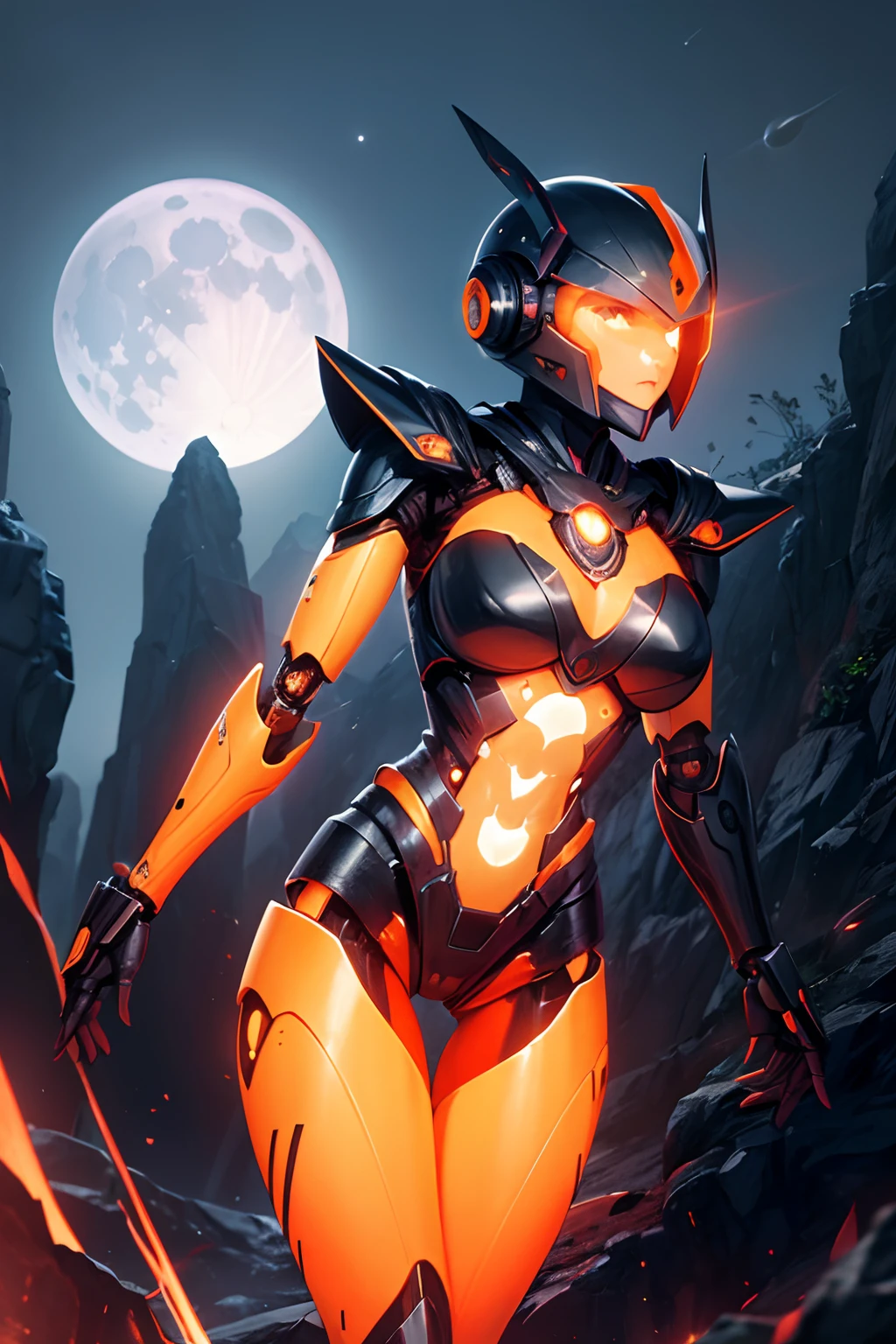 Female robot, human vagina, metal body, metal head, black helmet, orange moon in the sky, night lights, distant planets,