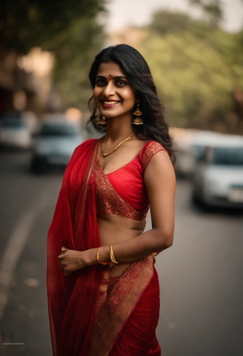 (Full body, editorial photograph of a 23 years old thin beautiful woman Indian woman), (highly detailed face:1.4) (smile:0.7) (background city, Bangalore, standing in a road , moody, private study:1.3) POV, by lee jeffries, nikon d850, film stock photograph ,4 kodak portra 400 ,camera f1.6 lens ,rich colors ,hyper realistic ,lifelike texture, dramatic lighting , cinestill 800, wearing a red transclusent saree with half sleeve blouse, chest open, deep navel, firm breast, light brown skinned, hourglass body shape, clevage, navel, black hair, loose hair, long hair, seeing the viewer