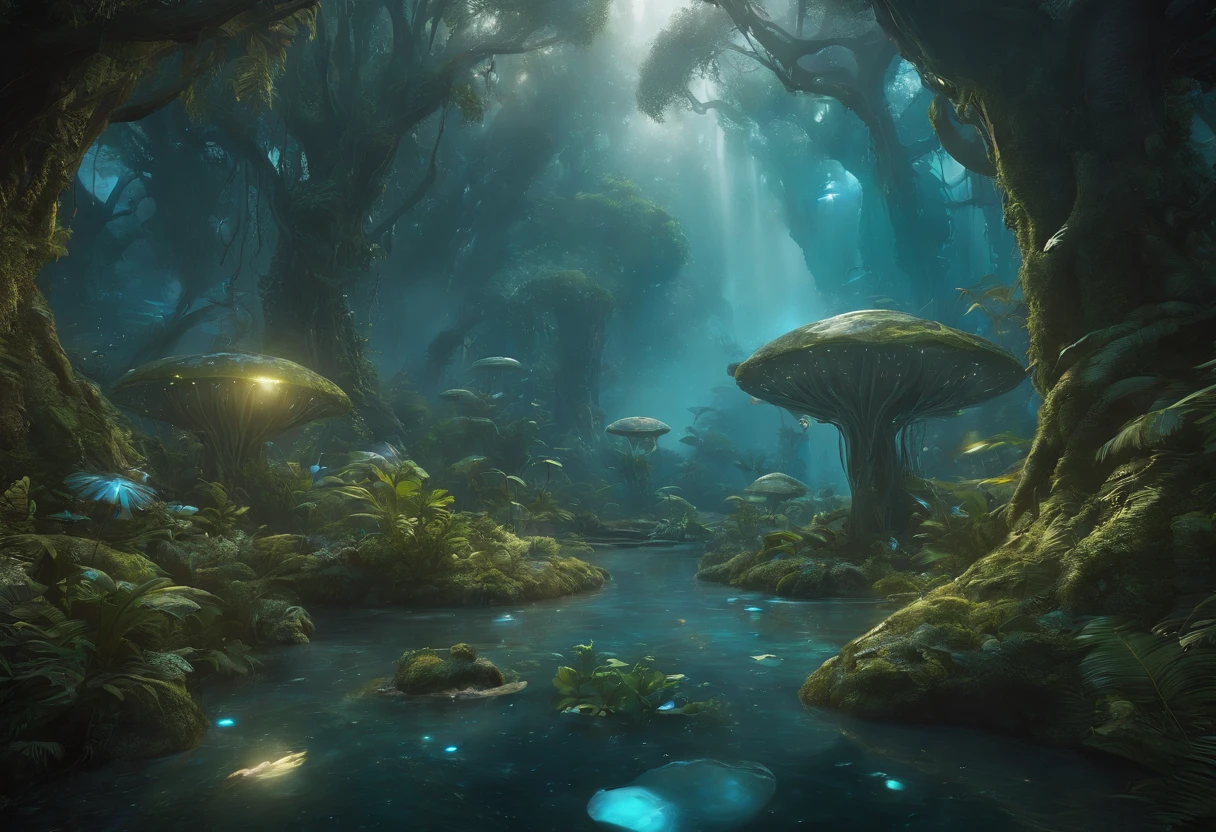 (2 cute Na'vi kids Tucker and Kiely pictures),Have fun in the forests of the planet Pandora,(Tucker and Keeley: 1.5), (The tree of the soul of the Na'vi: 1.0)magical concept art, lush alien landscape, The seeds of the glowing Tree of Souls float, Inside the alien jungle, rich diverse lush alien world, bioluminescent cyber - garden, alien forest in background, avatar landscape, Alien Paradise, concept art magical highlight, concept art stunning atmosphere, Strange alien forest