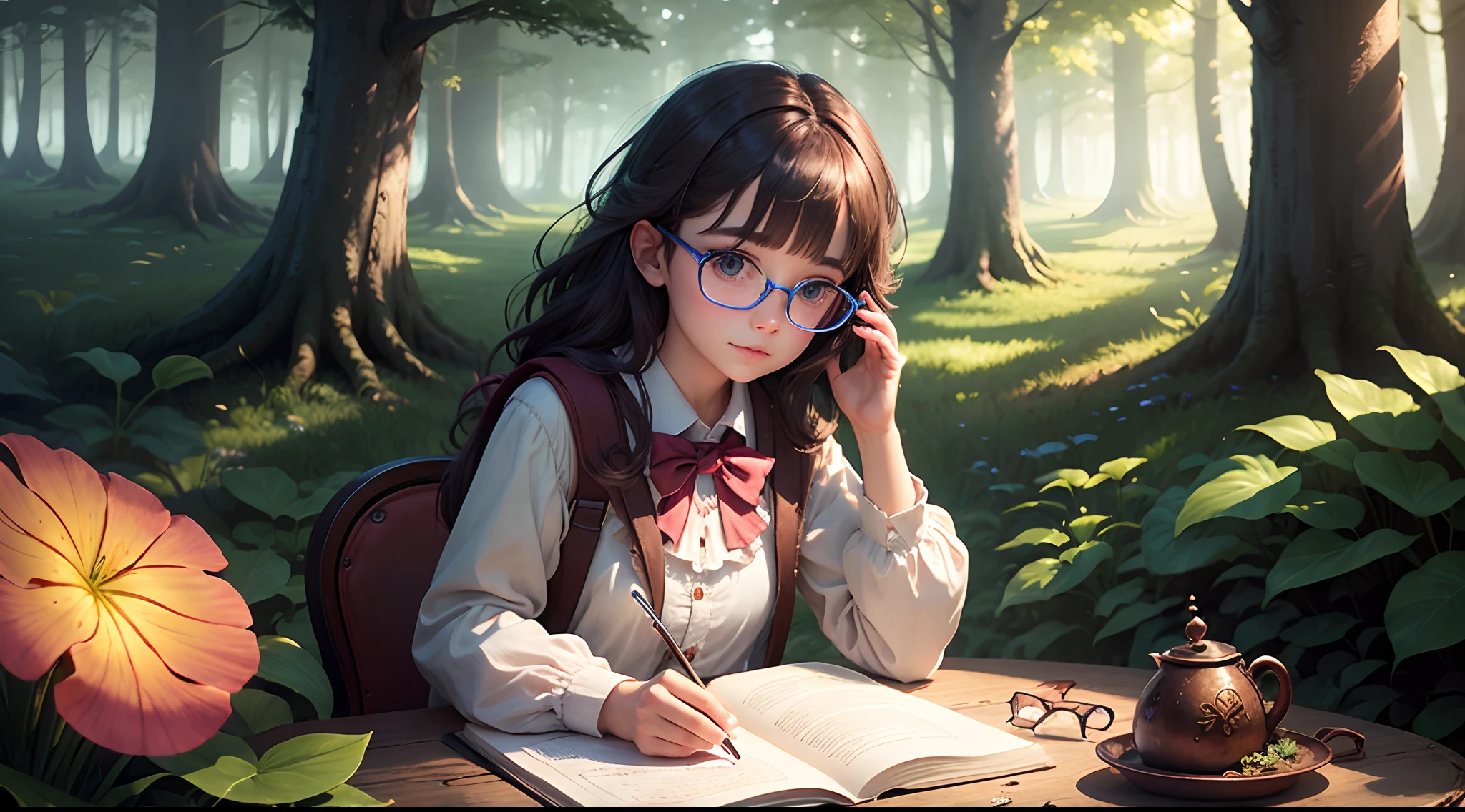 Create an image of Lily wearing her magical glasses and exploring the enchanted forest.