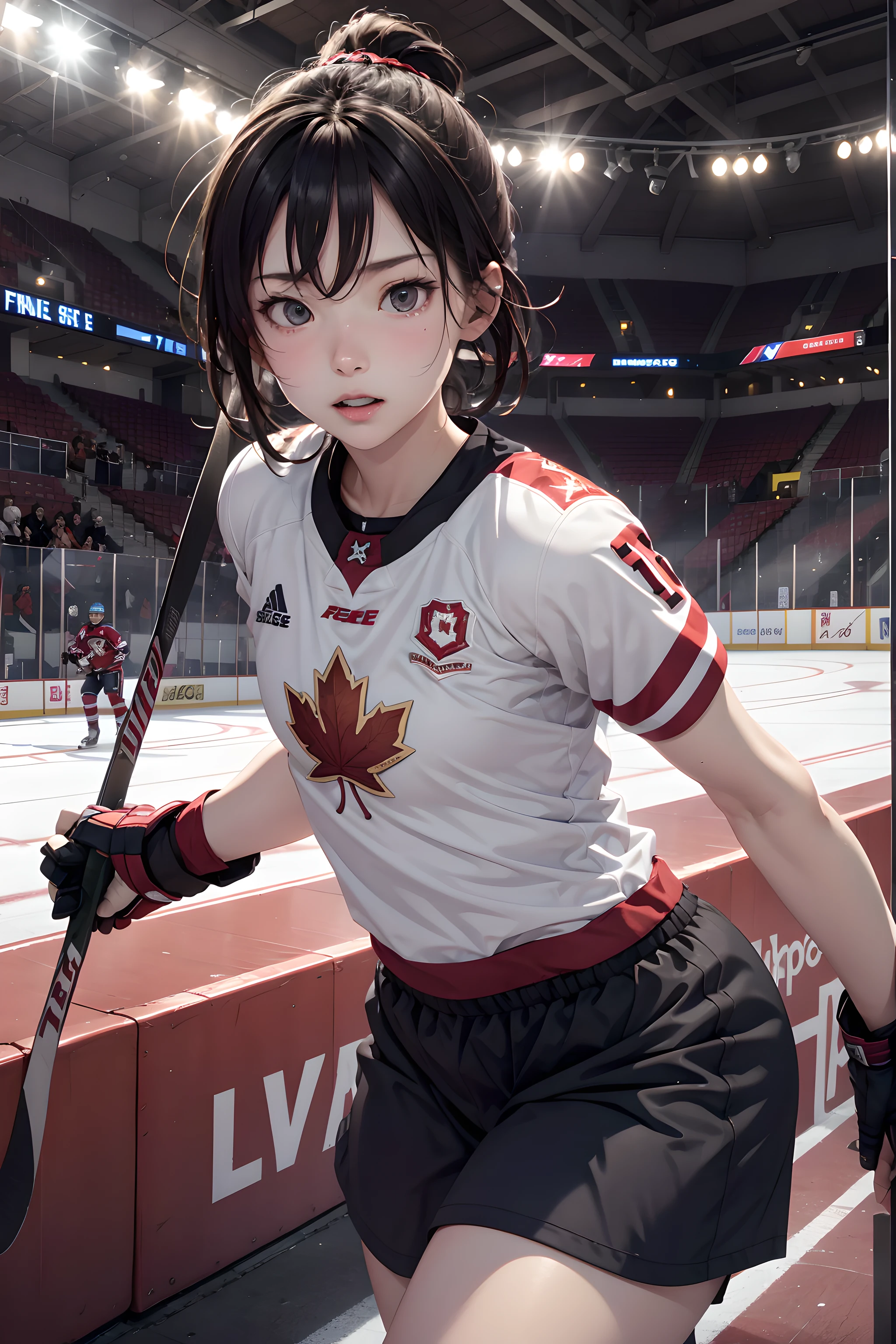 Canadian ice hockey players、Maple mark in the center of the uniform、White uniform with red maple mark、Ice Hockey Games、Assault scene、Denamic Pose, Dynamic Angle, 1man, Solo,