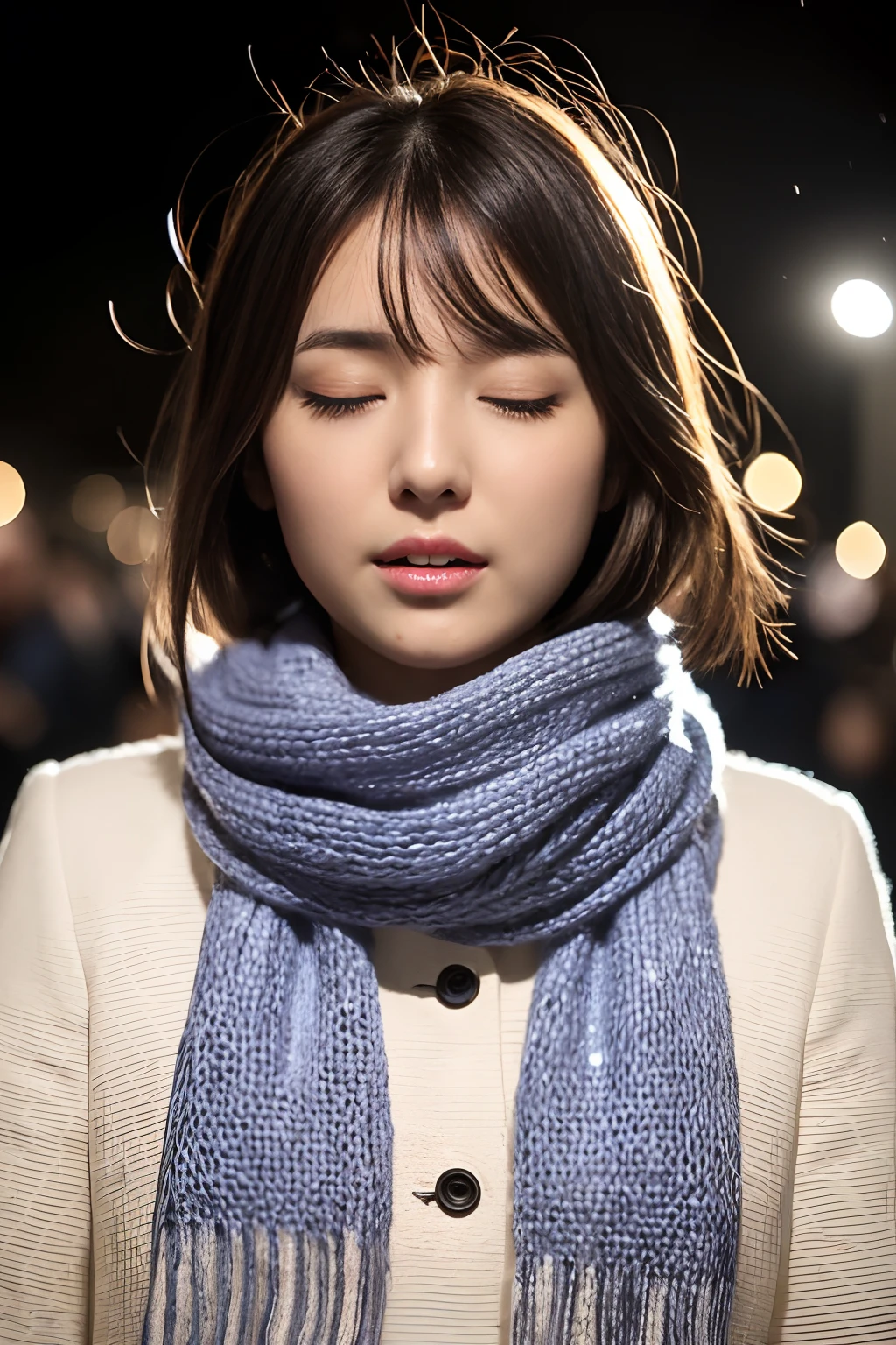 ((no-makeup、Close your eyes、Opening Mouth、Wrinkles between the eyebrows、Sigh:1.2))、(realisitic、Photorealsitic、ultra-detailliert、Highest Details Skins、top-quality、masterpiece、超A high resolution)、Cute Japan Woman、17 age、hi-school girl、younggirl、1 girl in、I have bangs、二重まぶた、drooing eyes、Japanese style face、purity、double tooth、Realistic skin type、Thick muffler、Grey muffler、fluffy hair、((Hair is inside the scarf:1.3))、Red cheeks、The wind is blowing、It's snowing、illuminations、Lighting from behind