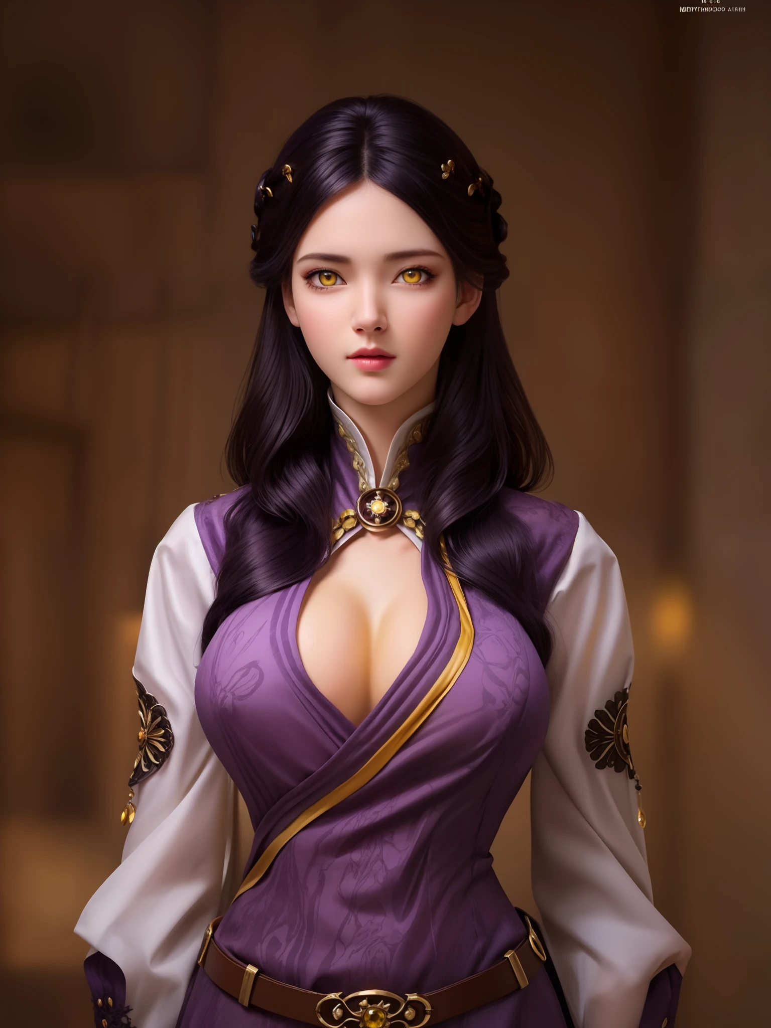 (hyperrealistic), (illustration), (high resolution), (8K), (extremely detailed), (best illustration), (beautiful detailed eyes), (best quality), (ultra-detailed), (masterpiece), (wallpaper), (photorealistic), (natural light), (rim lighting), (detailed face), (high detailed realistic skin texture), (anatomically correct), (solo), (1 girl), (high detailed realistic hair), (purple black hair:1.35), (heterochromic eyes), (detailed eyes), (yellow eyes:1.37), (sparkling eyes), (realistic big breasts:1.5), (exposed nipples breasts:1.35), (long legs), (slender abs), (dynamic pose), (closed tiny mouth:1.3), nsfw, concentrated expression.