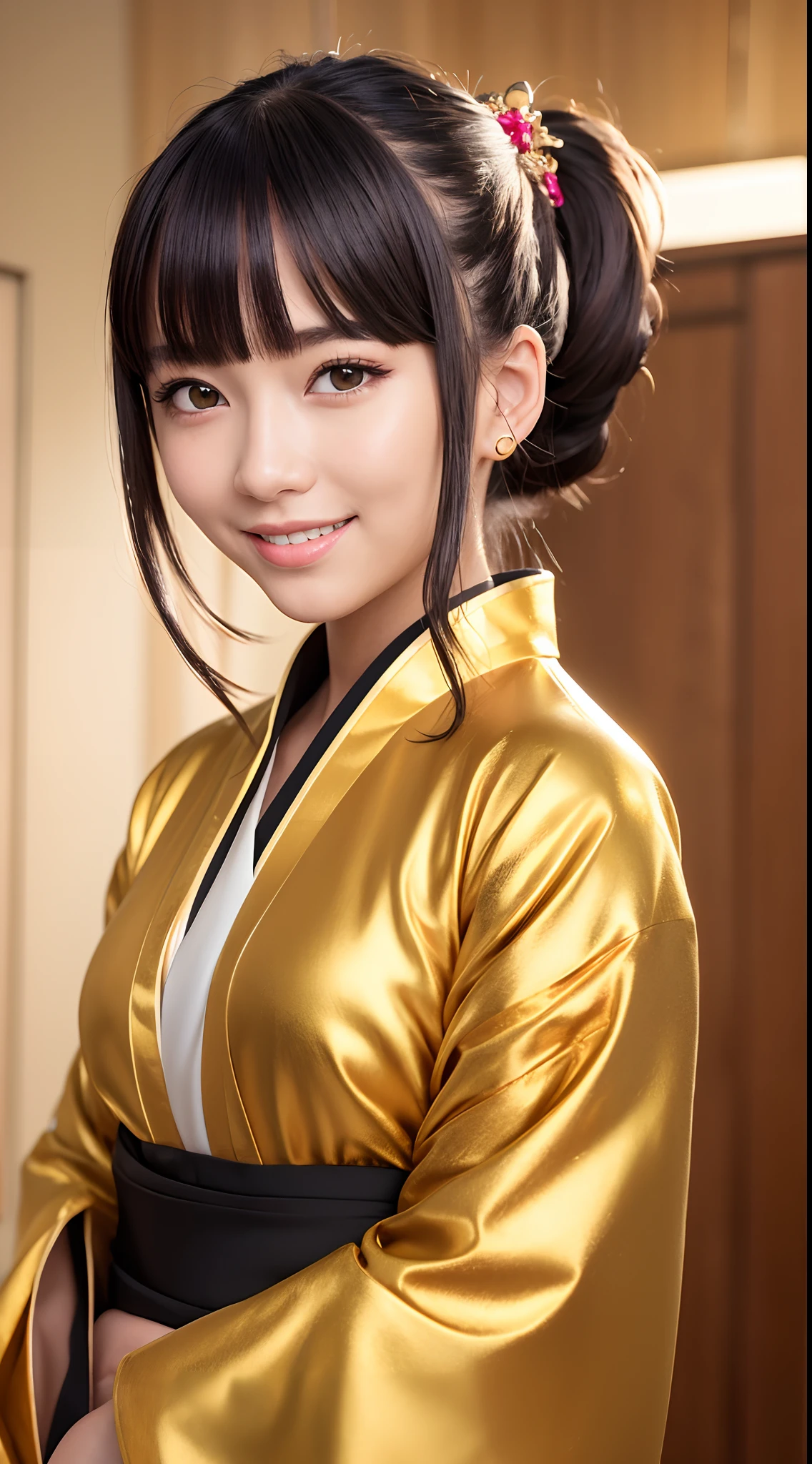 masterpiece, best quality, highres, photoreaslistic, detailed face, 1girl, upper body, golden Kanzashi hair, ponytail hair, black hair, cute,smile, shrines, shining background, golden kimono