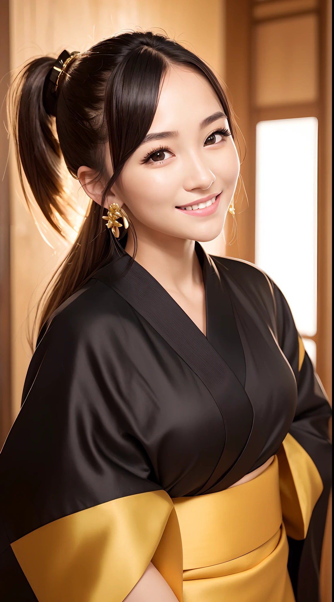 masterpiece, best quality, highres, photoreaslistic, detailed face, 1girl, upper body, golden Kanzashi hair, ponytail hair, black hair, cute,smile, shrines, shining background, golden kimono