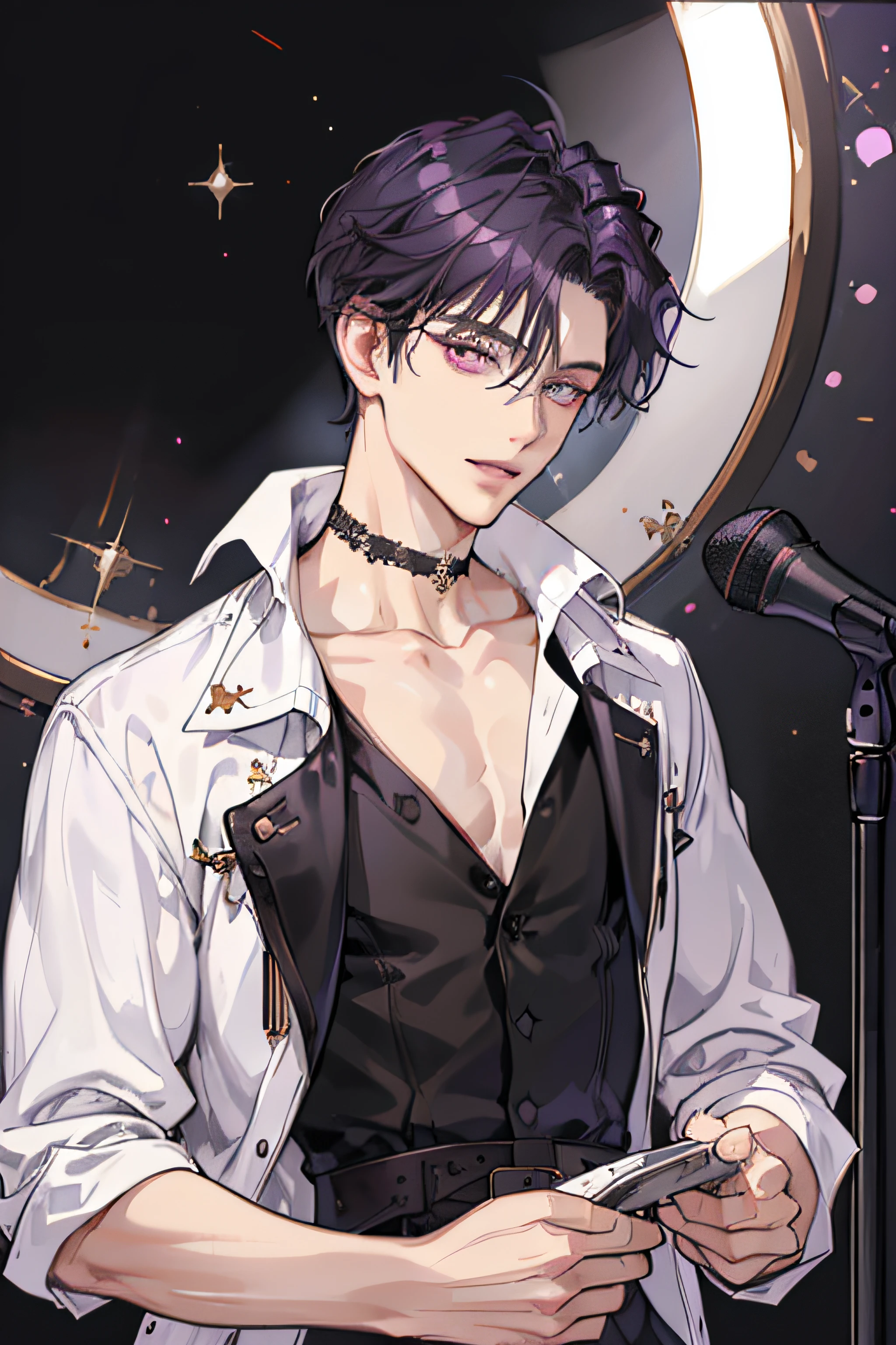 Masterpiece,Exquisite facial details，Exquisite eye details， Best quality, ，1 man, Headsets，singers，cool guy，Medium-long black hair，Dashing，choker necklace,Purple pick dye，comma hair，Purple eye，Forehead comma hair，White shirt，Black leather coat，holding guitars，On stage，Shiny，Under the stands，Sing，having fun，full bodyesbian