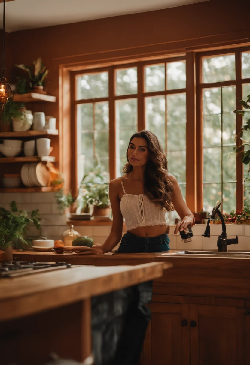 mikaylademaiter as a brunette with tanned skin in her kitchen all comfortable