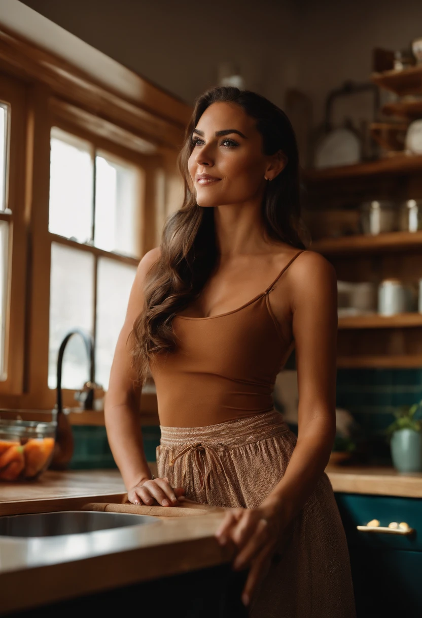mikaylademaiter as a brunette with tanned skin in her kitchen all comfortable