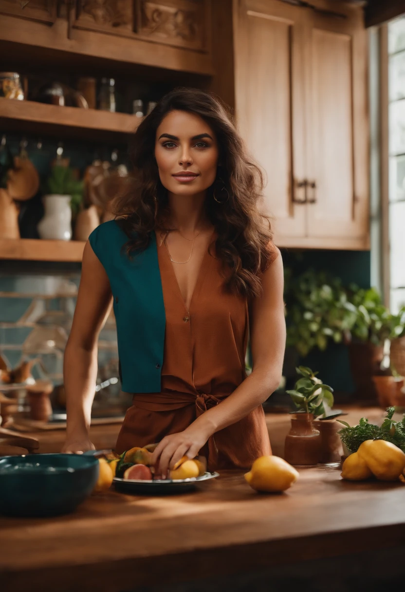 mikaylademaiter as a brunette with tanned skin in her kitchen all comfortable