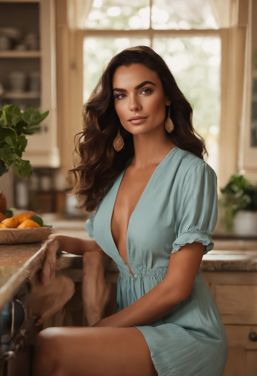 Capture a stunning 29-year-old UK woman, outside going for a drink, well dressed in a blue dress Her hair is a rich brunette with subtle highlights, styled in luscious waves that frame her face beautifully. She has striking green eyes that contrast with her brown hair, adding a touch of mystery and allure. The photo should exude confidence and elegance, highlighting her natural beauty and captivating presence, cup size 34D, face not to highlighted