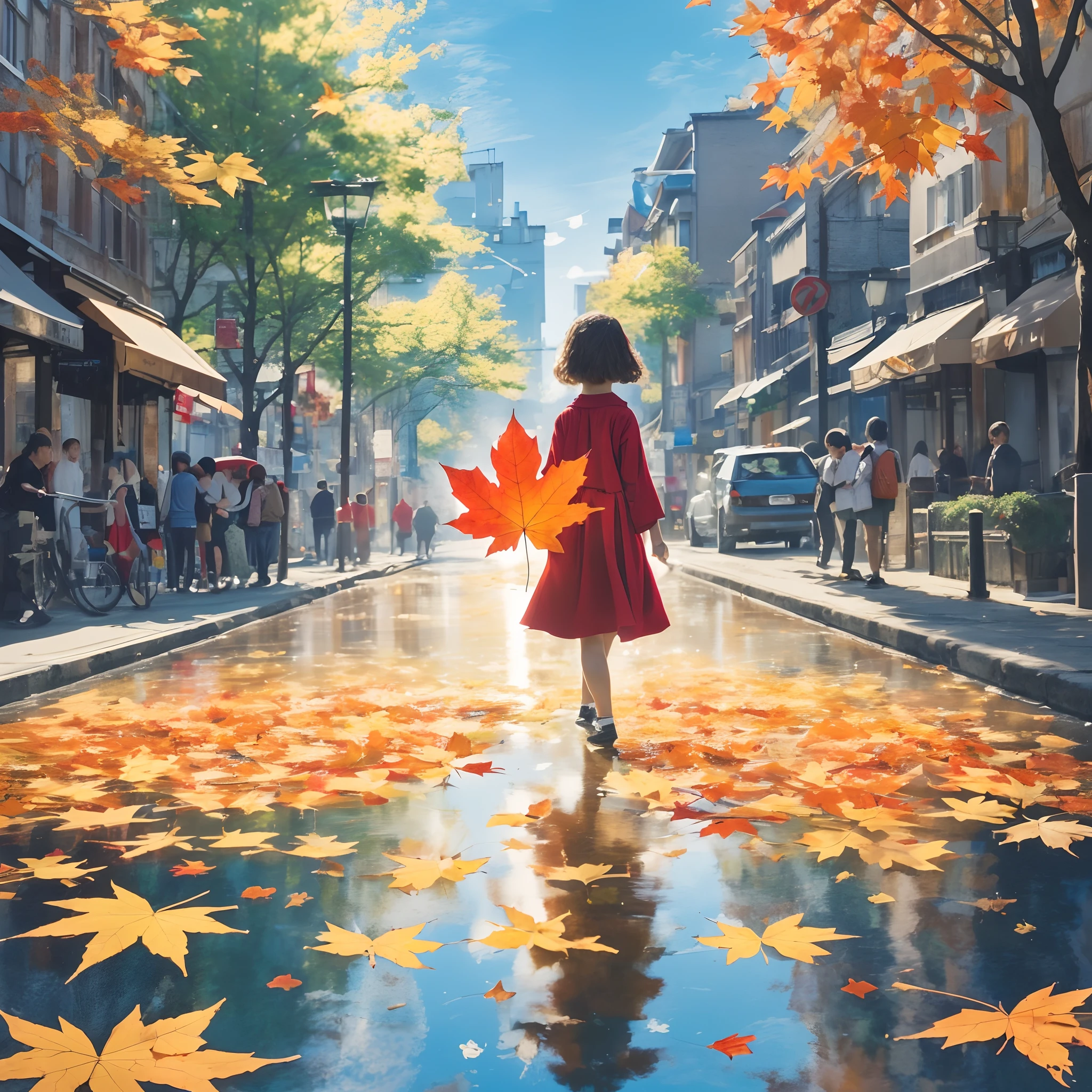 8K,RAWnphotos,best qualtiy,tmasterpiece:1.2)(realisticlying,photograph realistic:1.4)，In this ethereal fine art photo, Maple leaves suspended in mid-air, Frozen in a moment of exquisite beauty. The photographer's clever handling of light and shadow creates a surreal atmosphere, evoking a sense of magic and wonder. Composition utilizes negative space, Make the leaves the focal point of the image. Famous fine art photographer Brooke Didonato（Brooke Didonato）Subtly captures the ephemerality and poetry of this floating maple leaf,Photorealsitic，Background bokeh，Little girl in red，Streets with water，blue-sky，Ray traching，Dingdall effect