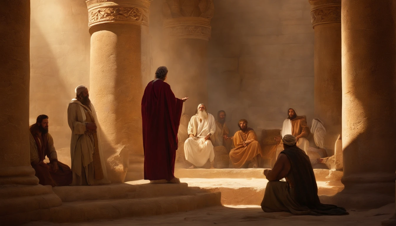 10. "Fortunato sharing Paul's words with the church in Corinth, with everyone listening intently in an environment that reflects the way of life in ancient Greece"