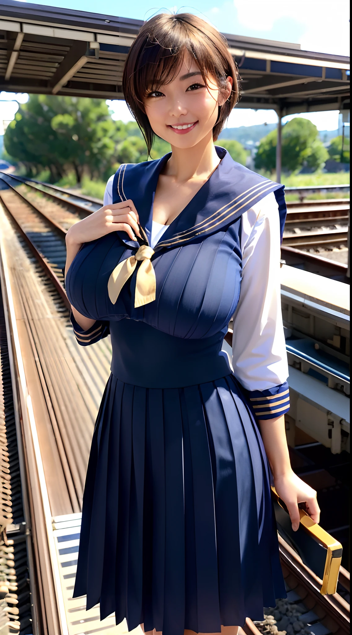 (8K、超A high resolution、The ultra -The high-definition、An ultra-high picture quality、Ultrarealistic、Best Quality、masuter piece)(quite massive chest、Pretty big breasts、Always hide all breasts:1.2)(a sailor suit、navy pleats skirt、quite massive chest、Pretty big breasts、toned body:1.5)(adult lady、Black hair short bob、lowfers:1.15)Smile happily(Walk along the station platform:1.18)