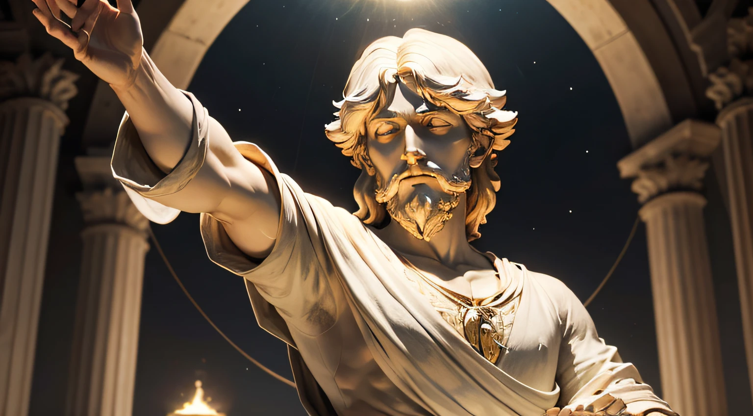 Pythagoras's hands outstretched, as if conducting the symphony of the cosmos, bathed in a celestial, moonlit glow.