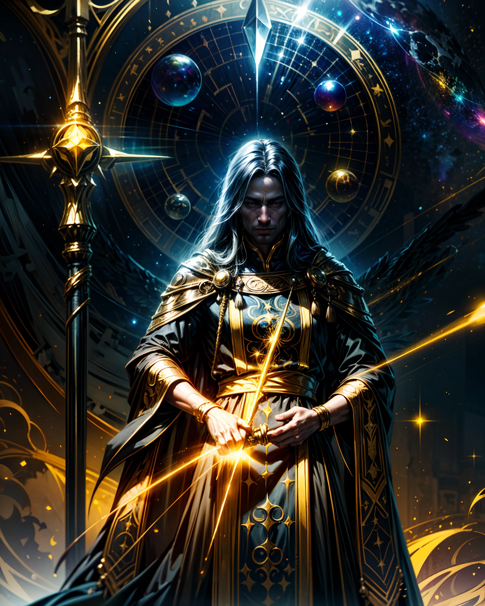 a man, mage, yellow long hair, dark fantasy, detailed yellow and black cosmic robe, cosmic staff