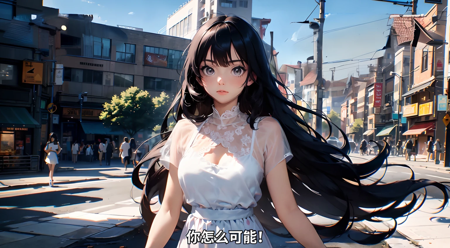 1 female,18 year old,smile:1.3,(BLACK eyes:1.3),((8K,masterpiece,Perfect Anatomy)),Cowboy Shot,(Beautiful and exquisite face and eyes,gorgeous eyes:1.3) ,Black Hair:1.3,bangs,smile,blush,Small breasts,Tokyo street、((Background blur)),((White dress))、french braid,Street Snap、