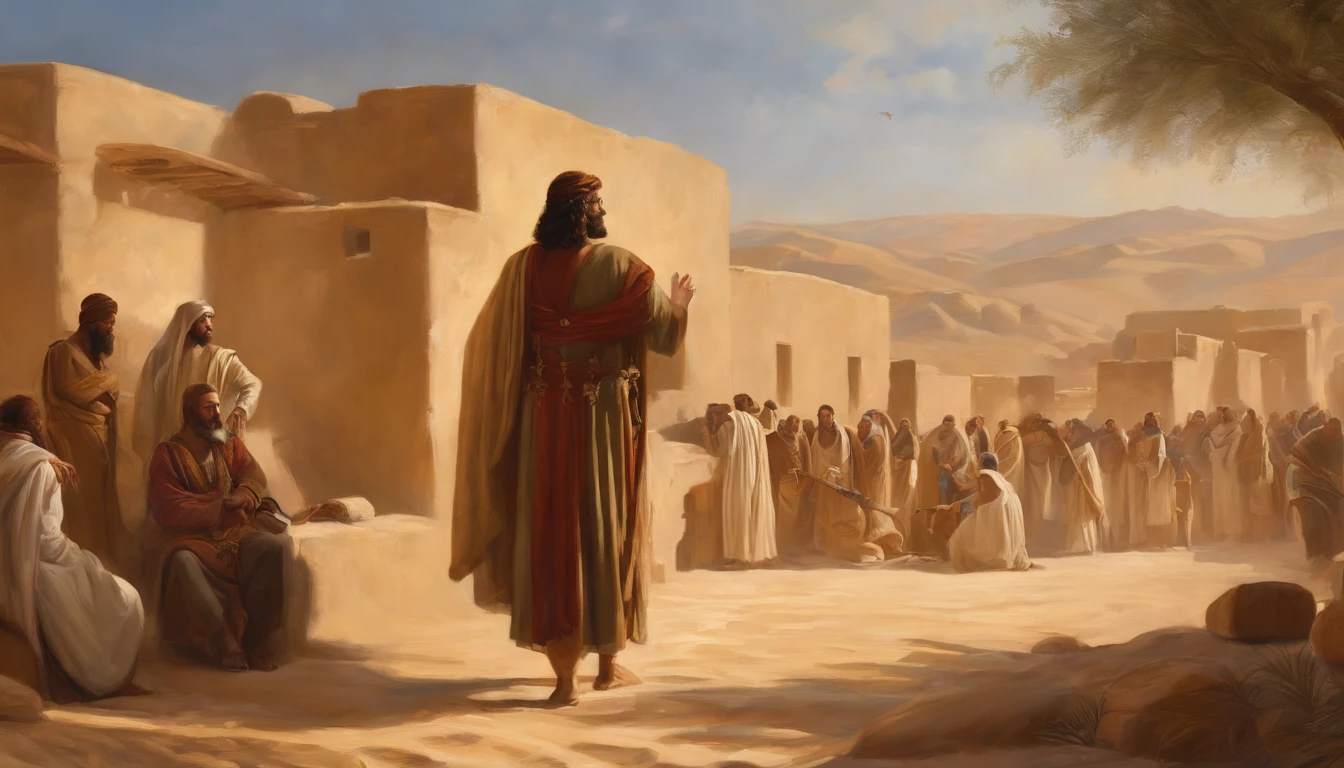 Jeremiah calls the Israelites to repentance, The Cry of the Prophet,Gatherings with large numbers of people, papyrus,Weathered parchment,Old gowns,,History reference,High-quality artwork and details,Realistic portrait style,Subtle color palette,vibrant background,natural textures,Deep Shadows,Subtle highlights,Historical accuracy,meticulous attention to detail,Emotional depth and intensity,Authentic Representation,Thought-provoking,Spiritual atmosphere,A Sense of Ancient Wisdom,Profound impact