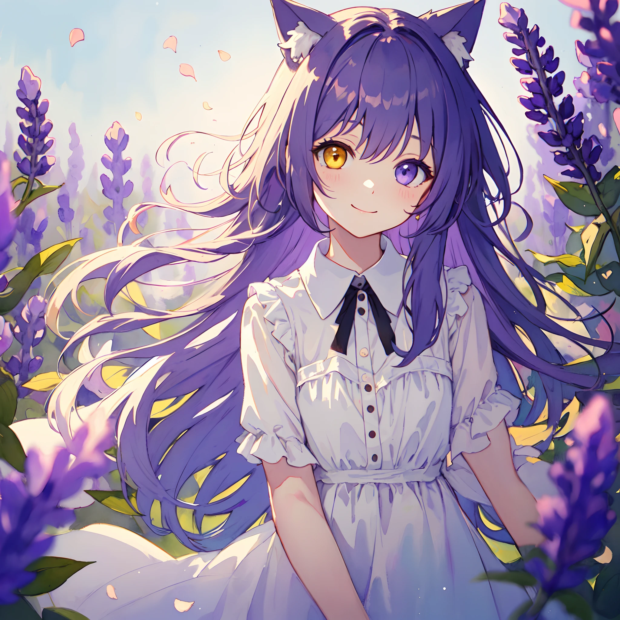 ((solo young catgirl)), lavender hair, nekomimi, simple plain background, relaxed, innocent smile, flowing hair, flowers, leaves, white light sundress, masterpiece, heterochromia, polychromia, (light background), (pastel colors), (muted colors), glow, soft, in the style of a watercolor painting, head tilt, perfect front illumination, depth of field