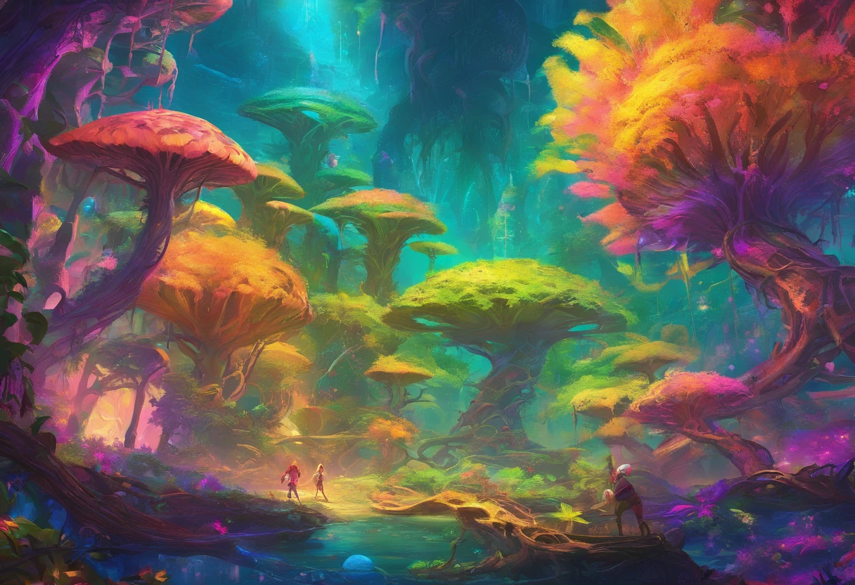(2 pictures of cute Na'vi kids Tucker and Kelly），Have fun in the forests of the planet Pandora， (Tucker and Keeley: 1.5), (The tree of the soul of the Na'vi: 1.0)
（The purple light of the Soul Tree seed floated）magical concept art, lush alien landscape, Alien Jungle Rich and diverse lush alien worlds,  
alien forest in background, avatar landscape, Alien Paradise, concept art magical highlight, concept art stunning atmosphere, Strange alien forest