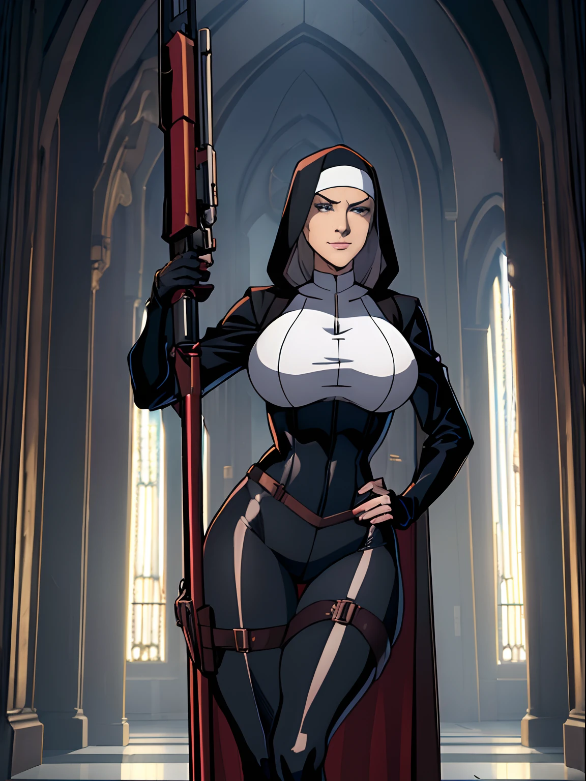 (masterpiece, top quality, best quality, official art, beautiful and aesthetic:1.2), (1girl:1.3), light freckles, fair skin, extremely detailed, portrait, looking at viewer, solo, (full body:0.6), detailed background, close up, (dark gothic theme:1.1), nun with guns, charlatan, smirk, mysterious, swaggering through cathedral, modest attire, black habit, cowl, nun hood, wimple, thigh-high boots, bodysuit, leotard, loose sleeves, cloak, corset, leather straps, ammunition pouches, long boots, submachineguns, SMGs, MP5s, thigh pouches, holsters, garters, ((((narrow hips, slim sexy body, gigantic breasts)))), slim waist, slim hips, long legs, modern (cathedral exterior:1.1) background, dark mysterious lighting, shadows, magical atmosphere, dutch angle,