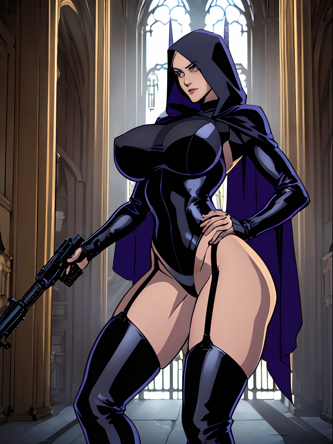 (masterpiece, top quality, best quality, official art, beautiful and aesthetic:1.2), (1girl:1.3), light freckles, fair skin, extremely detailed, portrait, looking at viewer, solo, (full body:0.6), detailed background, close up, (dark gothic theme:1.1), nun with guns, charlatan, smirk, mysterious, swaggering through cathedral, modest attire, black habit, cowl, nun hood, wimple, thigh-high boots, bodysuit, leotard, corset, leather straps, ammunition pouches, long boots, submachineguns, SMGs, MP5s, thigh pouches, holsters, garters, ((((narrow hips, slim sexy body, gigantic breasts)))), slim waist, slim hips, long legs, modern (cathedral exterior:1.1) background, dark mysterious lighting, shadows, magical atmosphere, dutch angle,