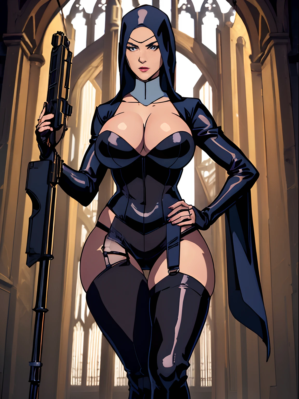 (masterpiece, top quality, best quality, official art, beautiful and aesthetic:1.2), (1girl:1.3), light freckles, fair skin, extremely detailed, portrait, looking at viewer, solo, (full body:0.6), detailed background, close up, (dark gothic theme:1.1), nun with guns, charlatan, smirk, mysterious, swaggering through cathedral, modest attire, black habit, cowl, nun hood, wimple, thigh-high boots, bodysuit, leotard, corset, leather straps, ammunition pouches, long boots, submachineguns, SMGs, MP5s, thigh pouches, holsters, garters, ((((narrow hips, slim sexy body, gigantic breasts)))), slim waist, slim hips, long legs, modern (cathedral exterior:1.1) background, dark mysterious lighting, shadows, magical atmosphere, dutch angle,