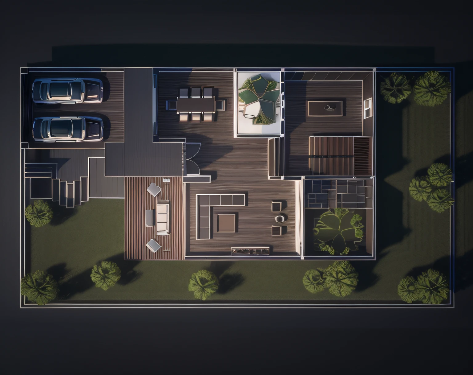 photo realistic 3d rendering, hd high res ultra high quality top view plan 3d modern villa,garage,bed,kitchen,deck,green lawn,trees,interior tiles, auto cad floor plan drawing, perfect composition, beautiful detailed intricate insanely detailed octane render trending on artstation, 8 k artistic photography, photo realistic concept art, soft natural volumetric cinematic perfect light, award - winning photograph, masterpiece, 3d rendering, top view plan,realistic,hyper realistic,intricate detals,hd details,128k,(sharp lines)(use vivid dark colors)(3d rendering)