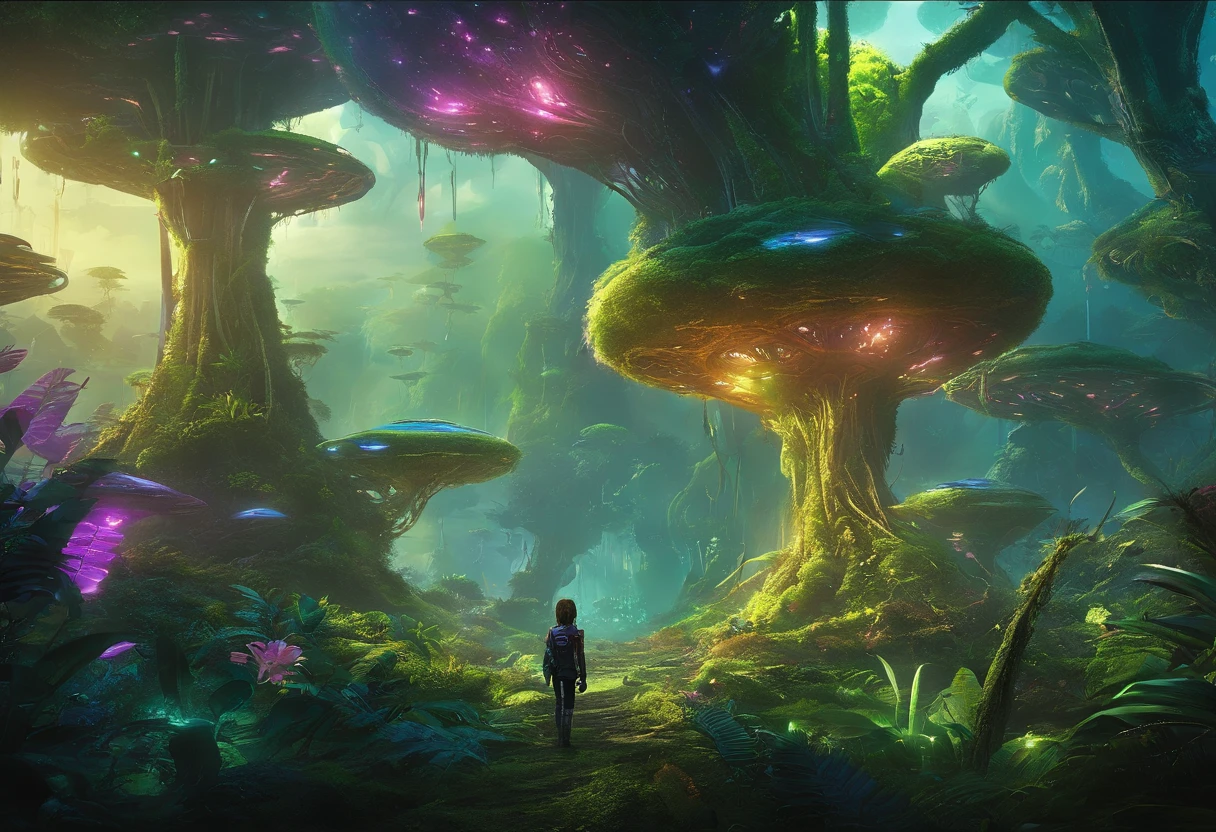 (2 pictures of cute Na'vi kids Tucker and Kelly),Have fun in the forests of the planet Pandora, (Tucker and Keeley: 1.5), (The tree of the soul of the Na'vi: 1.0)
(The purple light of the soul tree seeds floated)magical concept art, lush alien landscape, Alien Jungle Rich and diverse lush alien worlds,
alien forest in background, avatar landscape, Alien Paradise, concept art magical highlight, concept art stunning atmosphere, Strange alien forest