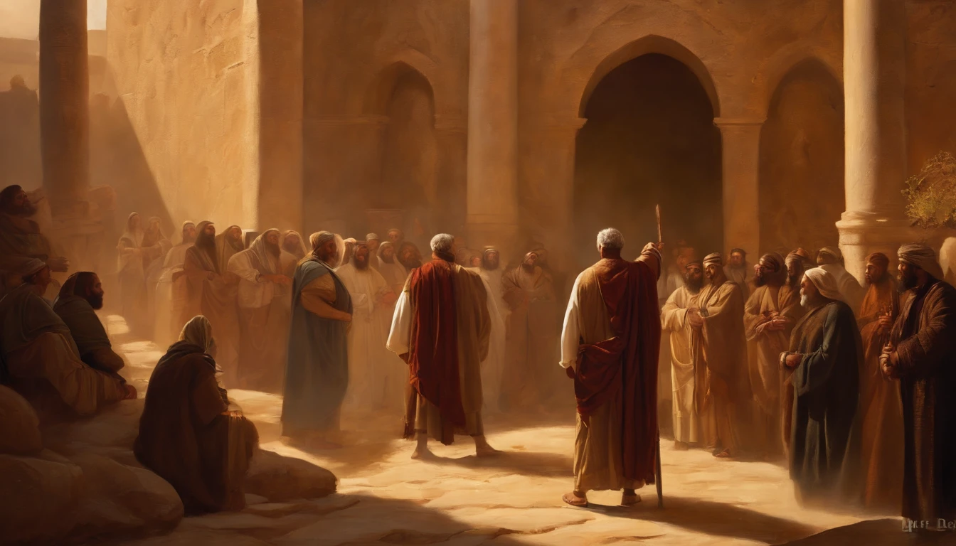 Jeremiah calls the Israelites to repentance, The Cry of the Prophet,Gatherings with large numbers of people, papyrus,Weathered parchment,Old gowns,,History reference,High-quality artwork and details,Realistic portrait style,Subtle color palette,vibrant background,natural textures,Deep Shadows,Subtle highlights,Historical accuracy,meticulous attention to detail,Emotional depth and intensity,Authentic Representation,Thought-provoking,Spiritual atmosphere,A Sense of Ancient Wisdom,Profound impact
