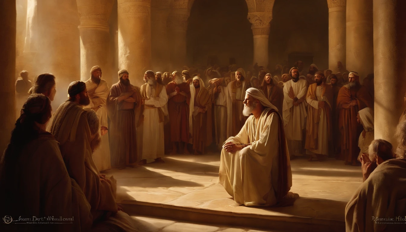 Jeremiah calls the Israelites to repentance, The Cry of the Prophet,Gatherings with large numbers of people, papyrus,Weathered parchment,Old gowns,,History reference,High-quality artwork and details,Realistic portrait style,Subtle color palette,vibrant background,natural textures,Deep Shadows,Subtle highlights,Historical accuracy,meticulous attention to detail,Emotional depth and intensity,Authentic Representation,Thought-provoking,Spiritual atmosphere,A Sense of Ancient Wisdom,Profound impact
