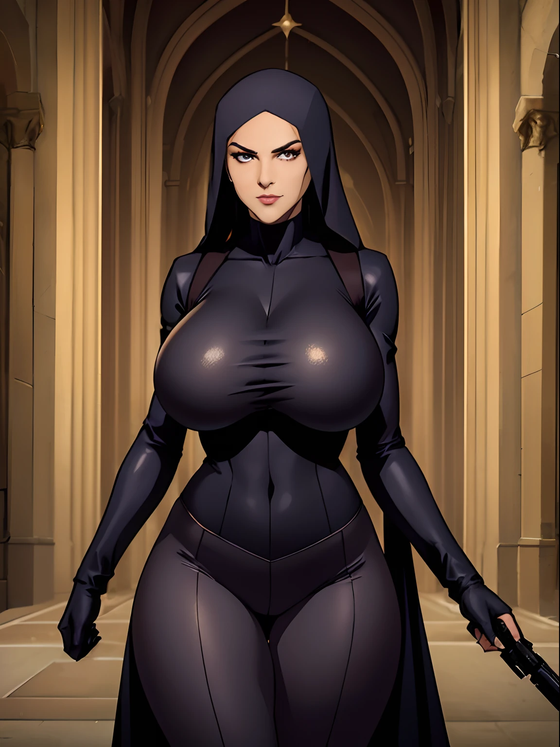 (masterpiece, top quality, best quality, official art, beautiful and aesthetic:1.2), (1girl:1.3), light freckles, fair skin, extremely detailed, portrait, looking at viewer, solo, (full body:0.6), detailed background, close up, (dark gothic theme:1.1), nun with guns, charlatan, smirk, mysterious, swaggering through cathedral, modest attire, black habit, cowl, nun hood, wimple, thigh-high boots, bodysuit, leotard, corset, leather straps, ammunition pouches, long boots, submachineguns, SMGs, MP5s, thigh pouches, holsters, garters, ((((narrow hips, slim sexy body, gigantic breasts)))), slim waist, slim hips, long legs, modern (cathedral exterior:1.1) background, dark mysterious lighting, shadows, magical atmosphere, dutch angle,