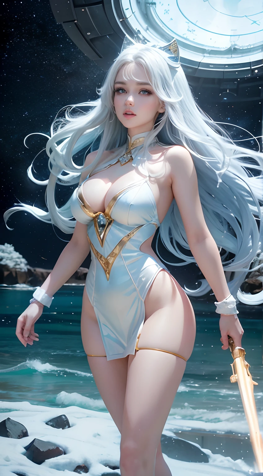 Sexy goddess,best qualityer,Snow-whiteskin,8K high quality,Sexy goddess,A pair of big eyes are beautiful and moving,White skin,Makeup,Red long-haired,curlies,Sexy outfit,Volt view,Look up,Armed with futuristic modern weapons,gold;jewely;Blue Electric,Space-time gate,milky ways,the ocean,swell sea,lighthouse,shoreline
