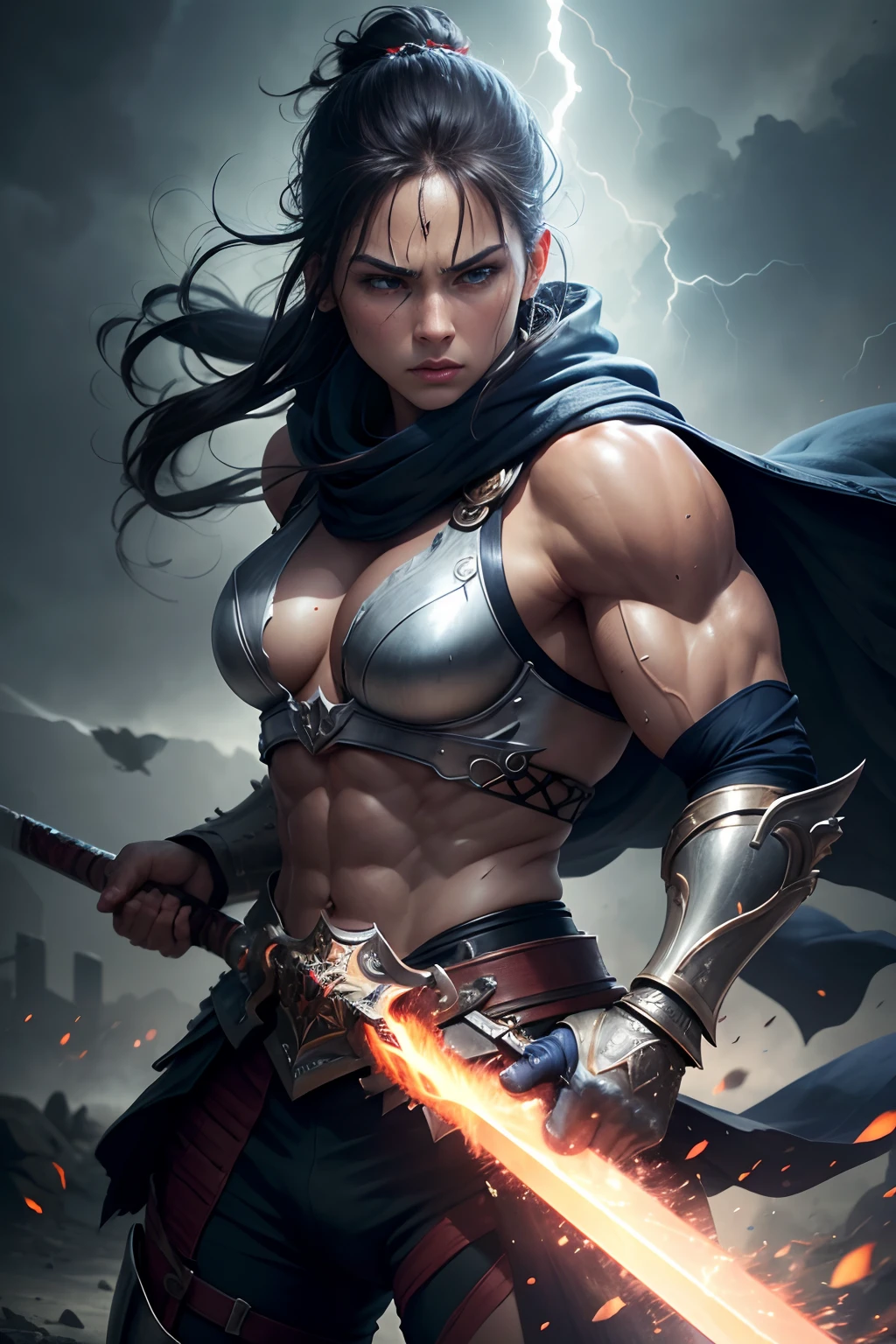 (best quality,4k,8k,highres,masterpiece:1.2),ultra-detailed,(realistic,photorealistic,photo-realistic:1.37),avatar,warrior,half-short hair,half-long hair,highlights,dark blue armor,strong gaze,beautiful detailed eyes,beautiful detailed lips,fierce expression,determined,powerful stance,sharp jawline,muscular build,sweat on the forehead,drops of blood on the face,glimmering sword,rippling muscles,
battlefield background,dramatic lighting,stormy sky,thunder and lightning,explosions,flying debris,smoke and dust effects,vivid colors,endless energy,warrior spirit,intricate armor details,engravings on the sword,sculpted muscles and biceps,battle scars,steely determination,grim determination,aura of power,commanding presence,tense muscles,action pose,adrenaline rush,masterful swordsmanship,swift movements