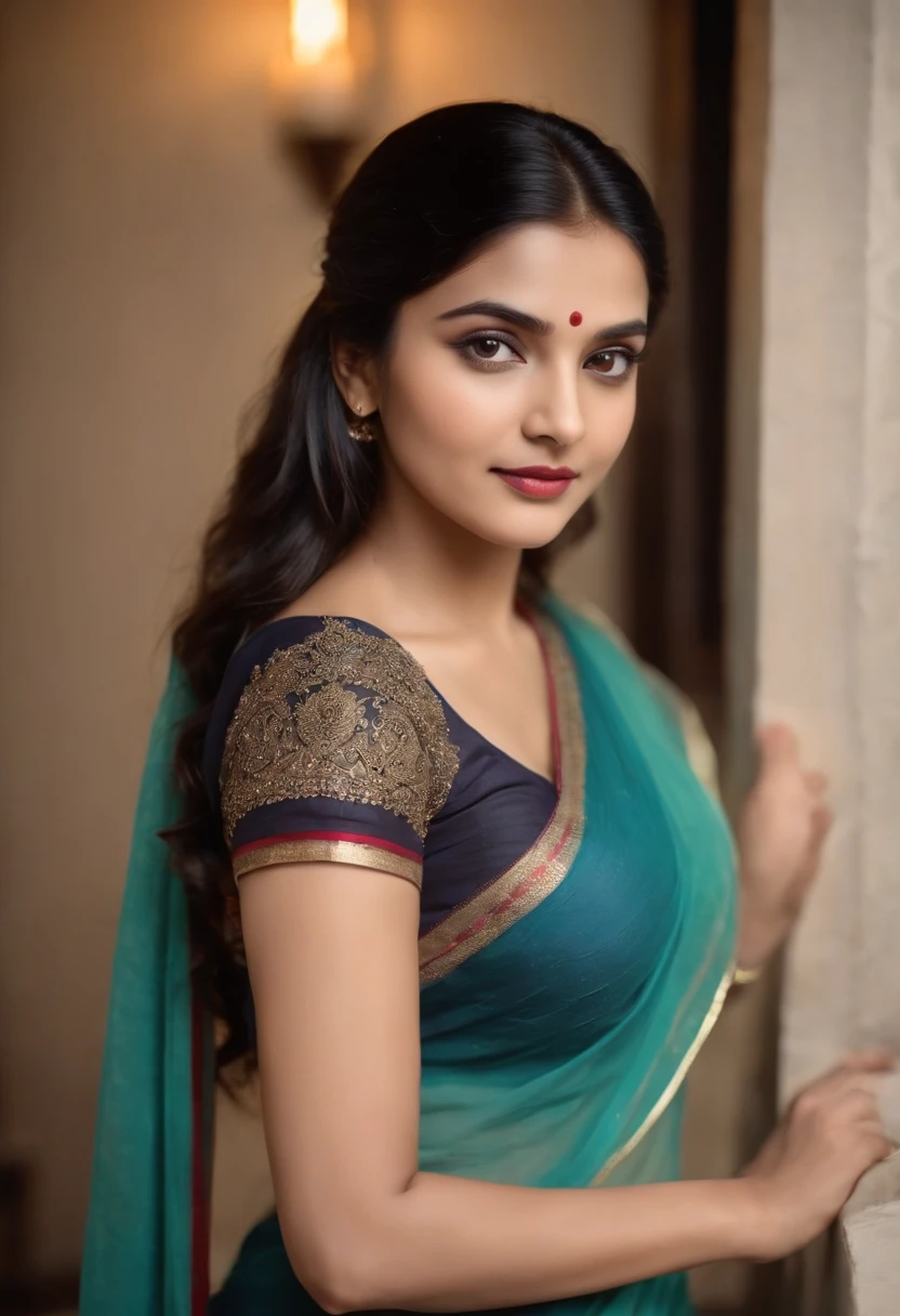 fair complexion, woman around 23 years old, natural black hair, distinctive black eyes, wearing saree, slender and graceful, beautiful, candlelight in a Indian style, ultra sharp focus, realistic shot, tetradic colors