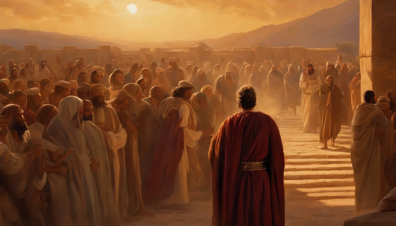 Jeremiah calls the Israelites to repentance, The Cry of the Prophet,Gatherings with large numbers of people, papyrus,Weathered parchment,Old gowns,,History reference,High-quality artwork and details,Realistic portrait style,Subtle color palette,vibrant background,natural textures,Deep Shadows,Subtle highlights,Historical accuracy,meticulous attention to detail,Emotional depth and intensity,Authentic Representation,Thought-provoking,Spiritual atmosphere,A Sense of Ancient Wisdom,Profound impact