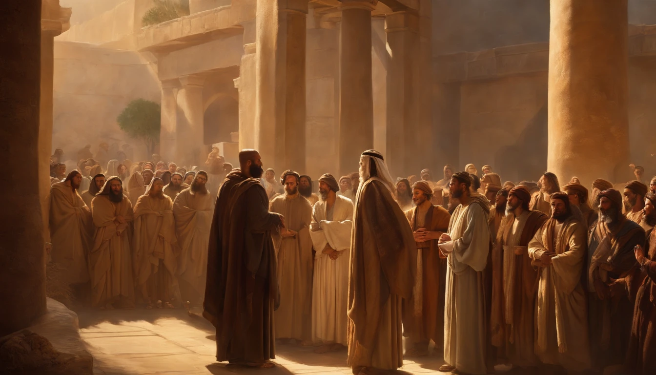 Jeremiah calls the Israelites to repentance, The Cry of the Prophet,Gatherings with large numbers of people, papyrus,Weathered parchment,Old gowns,,History reference,High-quality artwork and details,Realistic portrait style,Subtle color palette,vibrant background,natural textures,Deep Shadows,Subtle highlights,Historical accuracy,meticulous attention to detail,Emotional depth and intensity,Authentic Representation,Thought-provoking,Spiritual atmosphere,A Sense of Ancient Wisdom,Profound impact