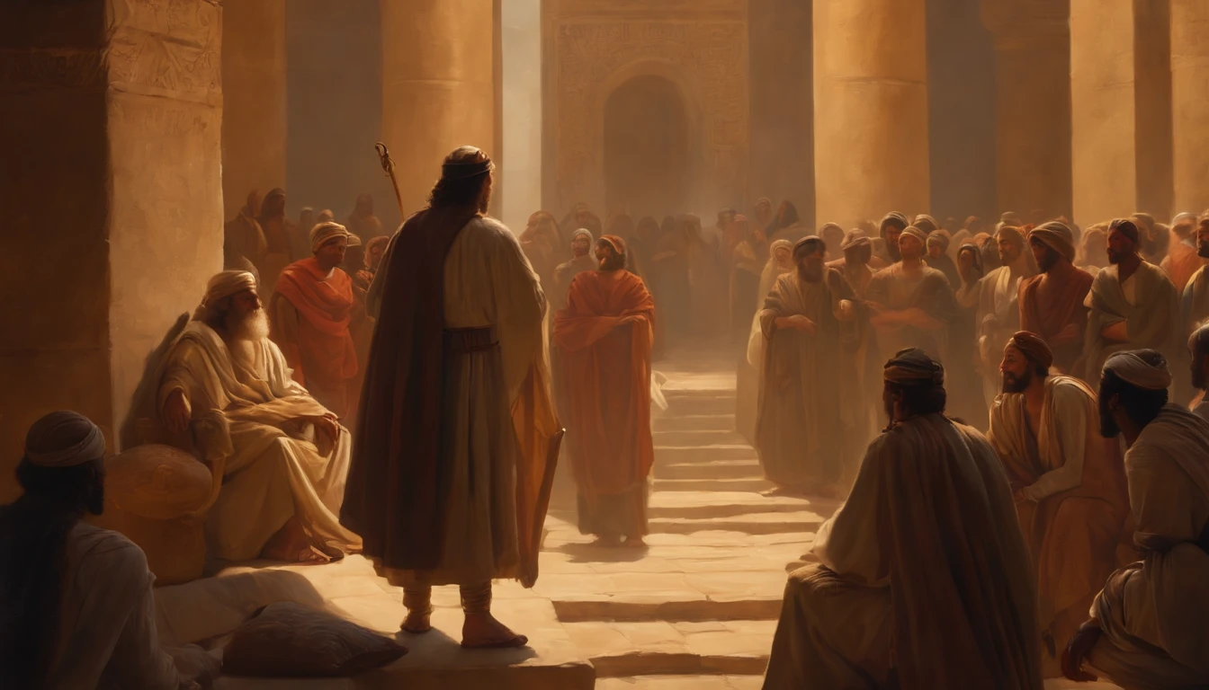 Jeremiah calls the Israelites to repentance, The Cry of the Prophet,Gatherings with large numbers of people, papyrus,Weathered parchment,Old gowns,,History reference,High-quality artwork and details,Realistic portrait style,Subtle color palette,vibrant background,natural textures,Deep Shadows,Subtle highlights,Historical accuracy,meticulous attention to detail,Emotional depth and intensity,Authentic Representation,Thought-provoking,Spiritual atmosphere,A Sense of Ancient Wisdom,Profound impact