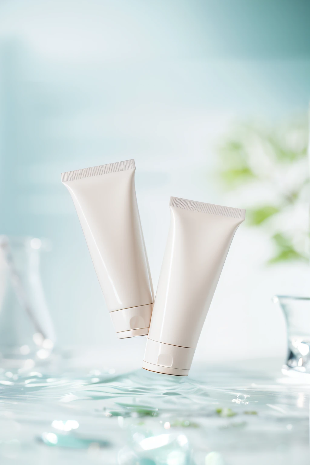 On the table next to the glass were two tubes of cream, crisp smooth clean lines, crisp smooth lines, Product photo, author：Tadashi Nakayama, product introduction photos, high quality topical render, Skincare, wide portrait, Clean face and body skin, skin care, silicone skin, bottom angles, author：Tadashige Ono, author：Masao Maeda, product