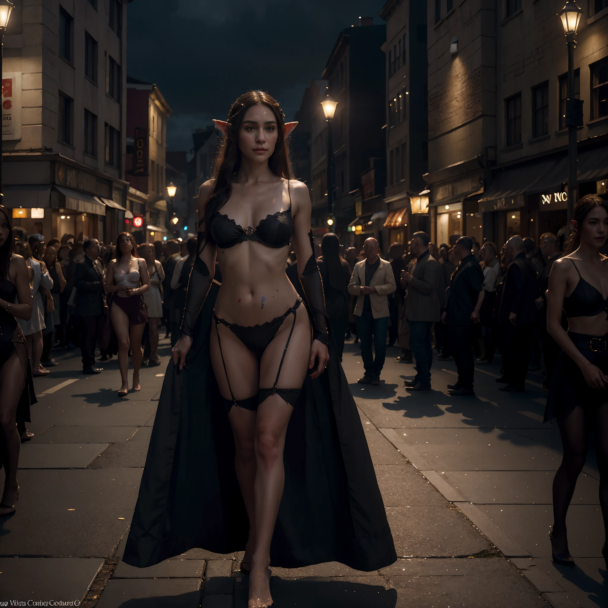 wlop,dalcefo,realistic,painting,darkness,elf princess in crowd,fine detailed face, cinematic light, full body, long legs