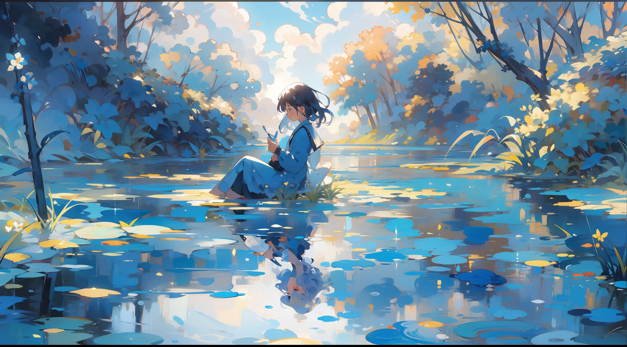 9. blue reflections:Females sitting by a tranquil blue pond,Her reflection blends in with the nature around her。The surface of the water ripples gently,Create a sense of serenity and clarity。