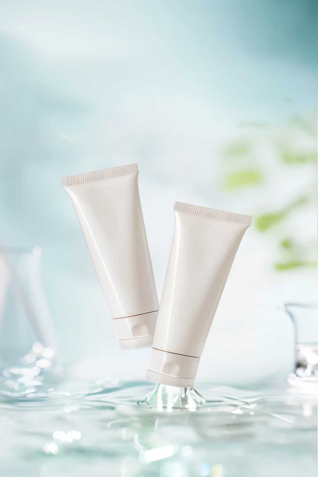 Two tubes of cream were placed on the table，On top of it is a glass, crisp smooth clean lines, high quality topical render, crisp smooth lines, Product photo, product introduction photos, author：Tadashi Nakayama, Skincare, wide portrait, silicone skin, skin care, Clean face and body skin, bottom angles, product, author：Masao Maeda, author：Tadashige Ono