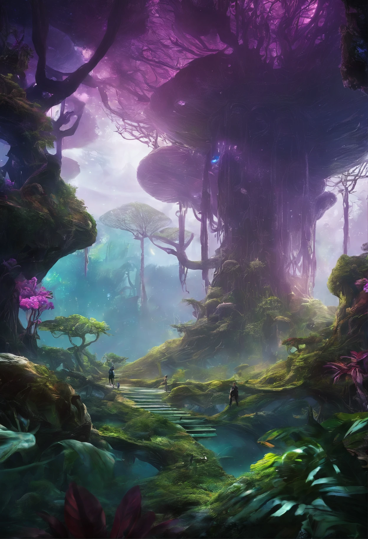 (2 pictures of cute Na'vi kids Tucker and Kelly),Have fun in the forests of the planet Pandora, (Tucker and Keeley: 1.5), (The tree of the soul of the Na'vi)
(The purple light of the soul tree seed floated)magical concept art, lush alien landscape, Alien Jungle Rich and diverse lush alien worlds,
alien forest in background, avatar landscape, Alien Paradise, concept art magical highlight, concept art stunning atmosphere, Strange alien forest